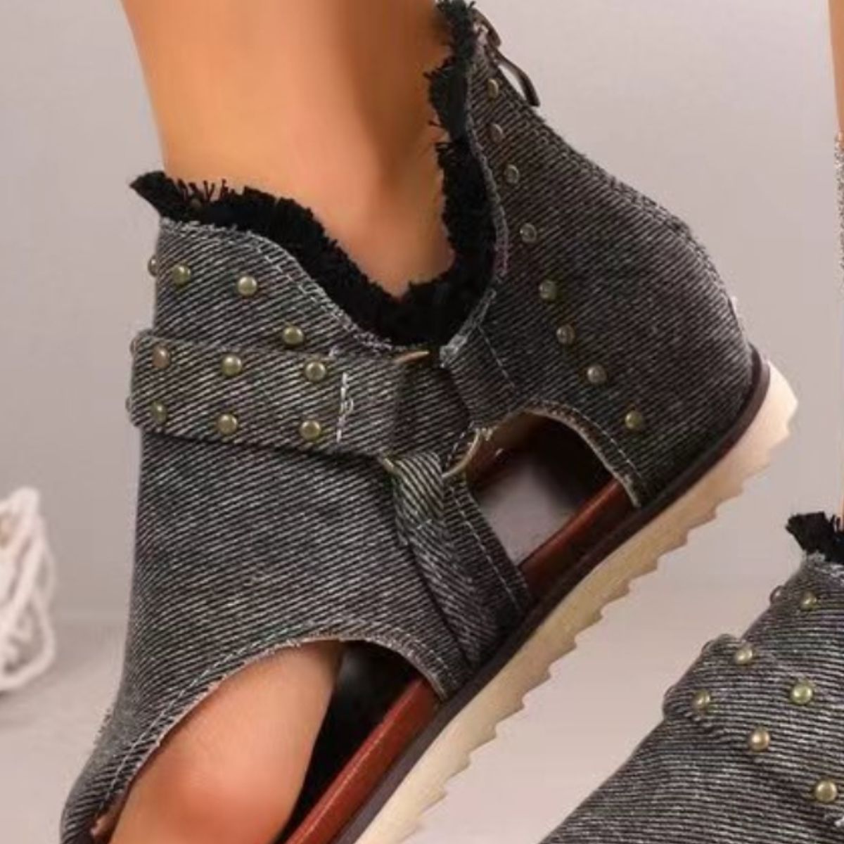 Studded Raw Hem Flat Sandals Shop One Place