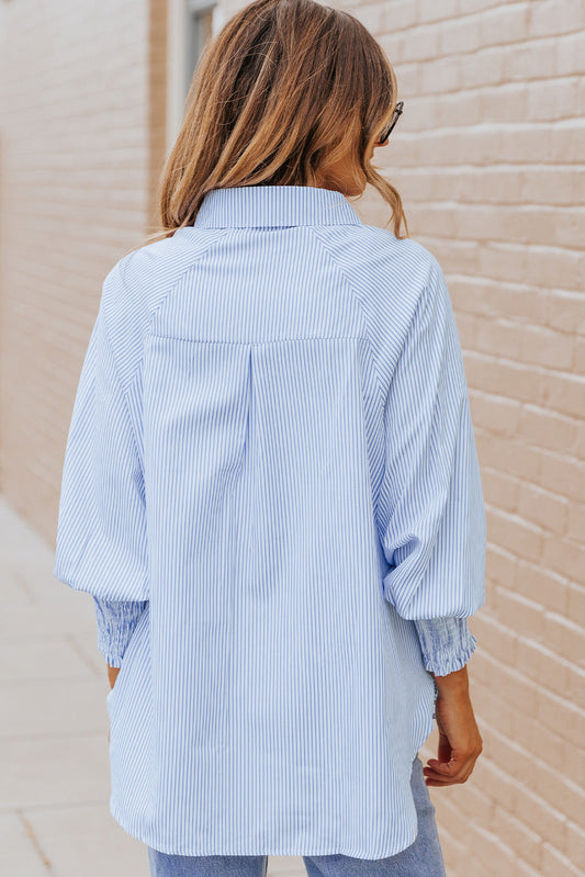 Light Blue Striped Casual Shirred Cuffs Shirt Shop One Place
