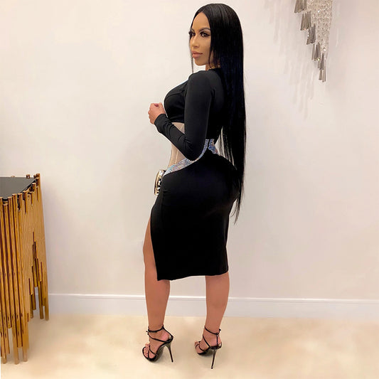 Women Deep V-neck Mesh Rhinestone Skinny Sheath Sexy Evening Dress Shop One Place