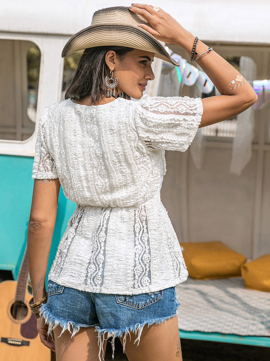 Lace V-Neck Short Sleeve Top Shop One Place