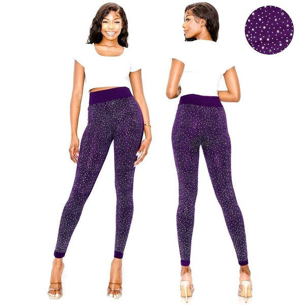 Dazzling Big Chip Rhinestone Leggings Purple Shop One Place