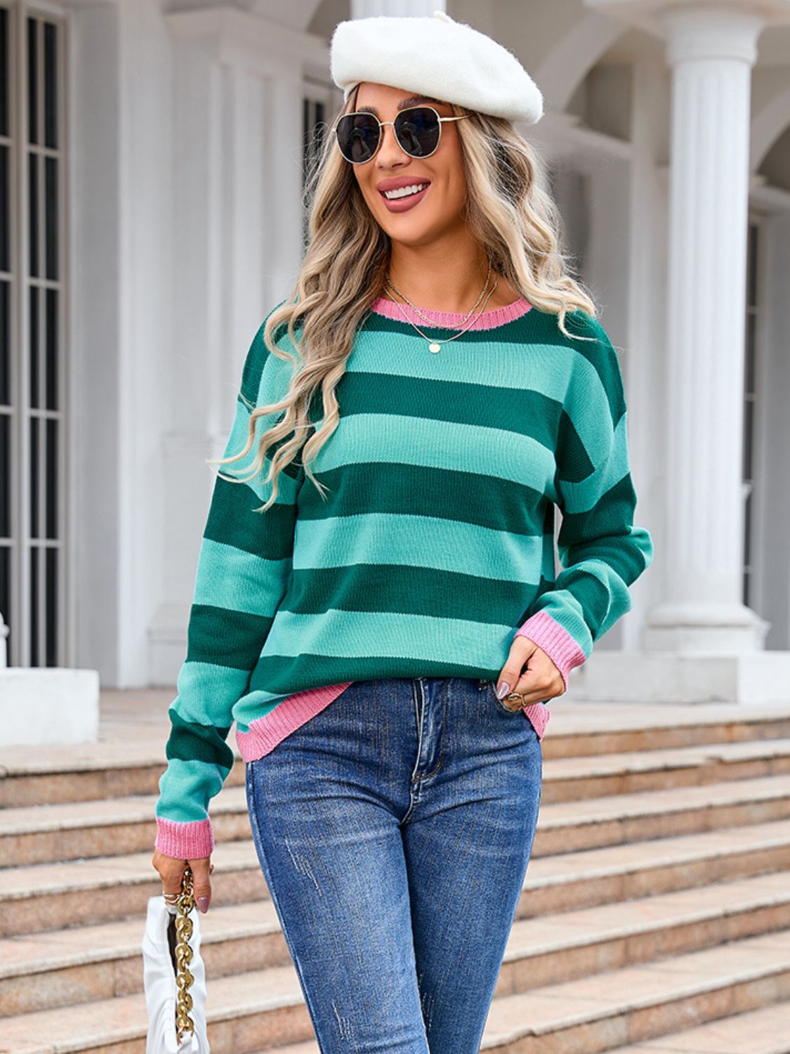 Angel Wings Striped Round Neck Dropped Shoulder Sweater Shop One Place