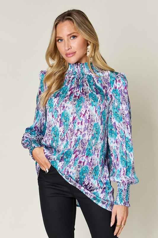 Double Take Full Size Printed Smocked Long Sleeve Blouse Shop One Place