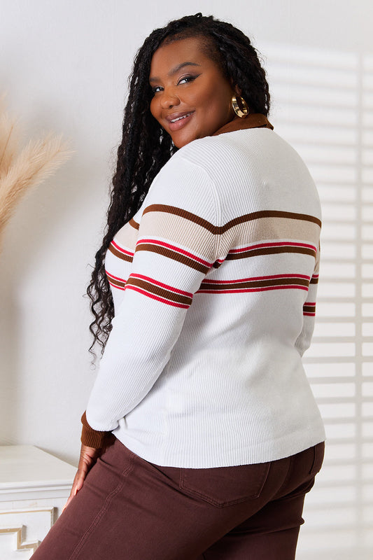 Basic Bae Striped Collared Neck Rib-Knit Top Shop One Place