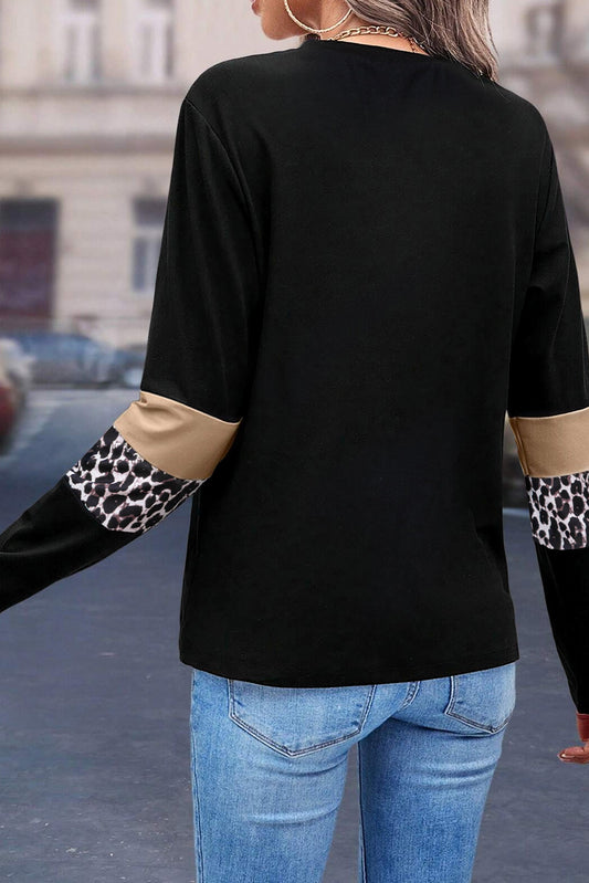 Khaki Leopard Colorblock Patchwork Crew Neck Top Shop One Place