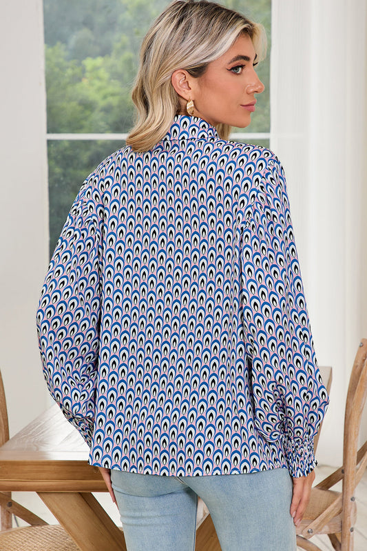 Sky Blue Abstract Print Collared Lantern Sleeve Shirt Shop One Place