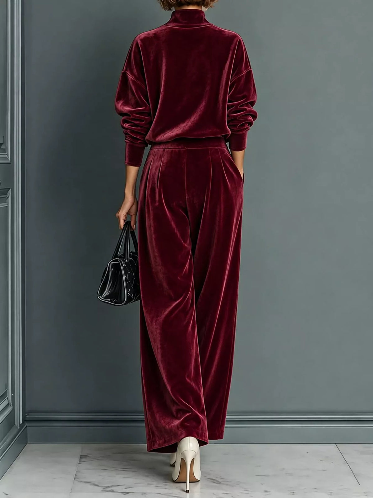 Women's Velvet Mock Neck Top & Wide-Leg Pants Set – view 16