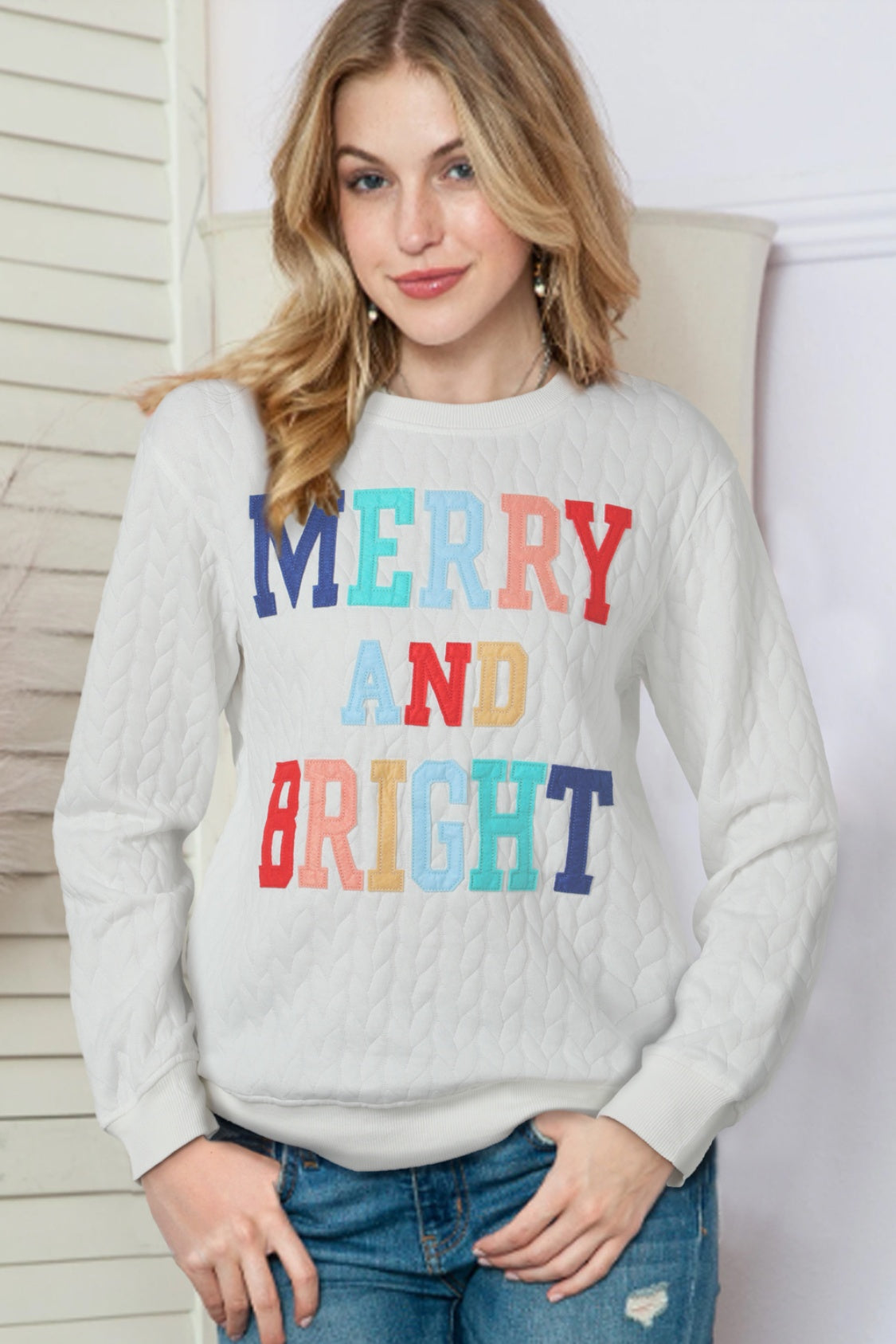 MERRY AND BRIGHT Cable Knit Pullover Sweatshirt Shop One Place
