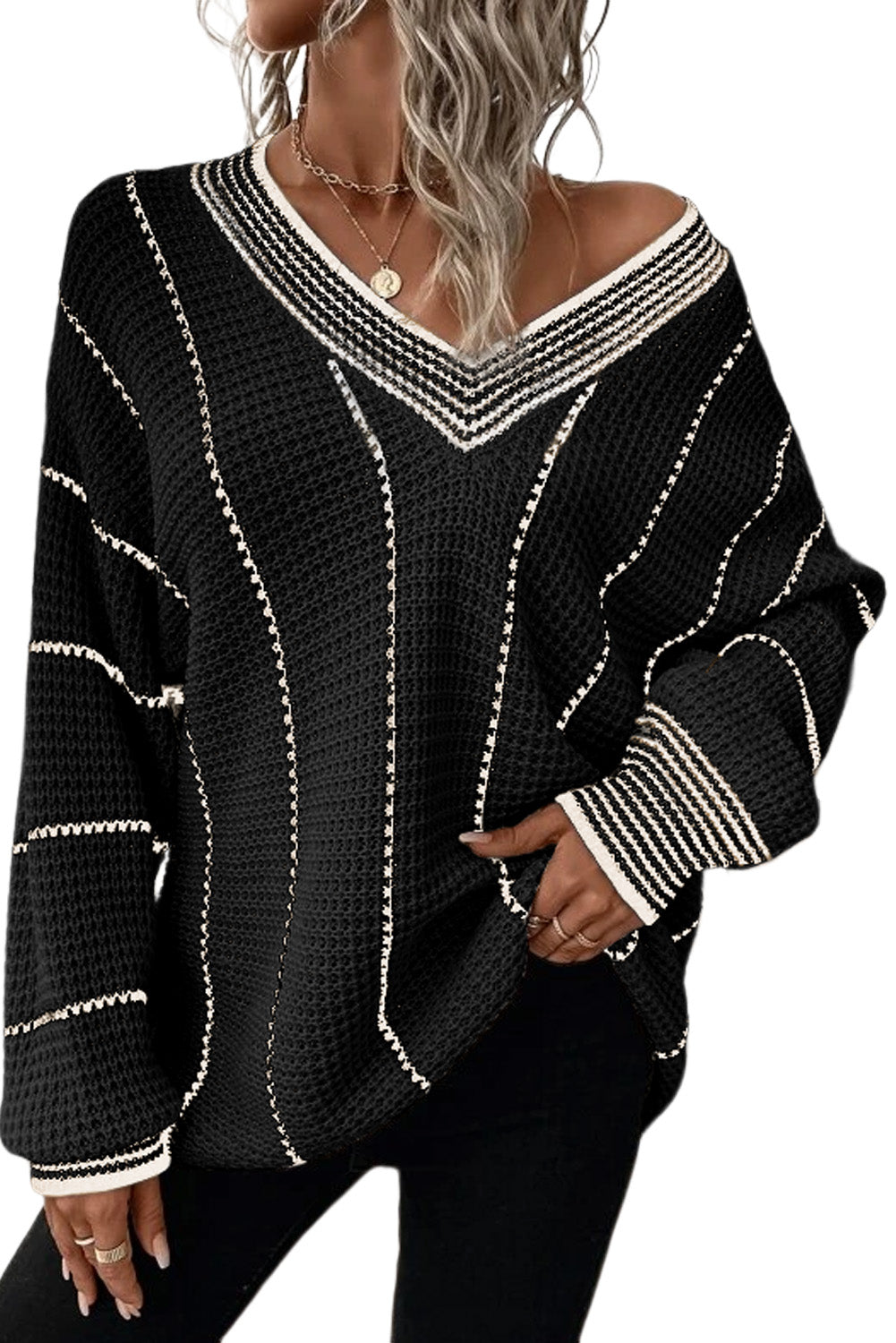 Gray Contrast V Neck Loose Tunic Sweater Shop One Place