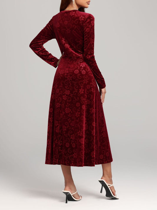 Flower Print V-Neck Long Sleeve Midi Dress Shop One Place
