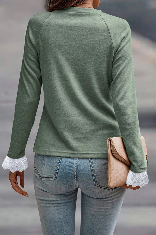 Grass Green Seam Detail Lace Contrast Cuffs Raglan Sleeve Top Shop One Place