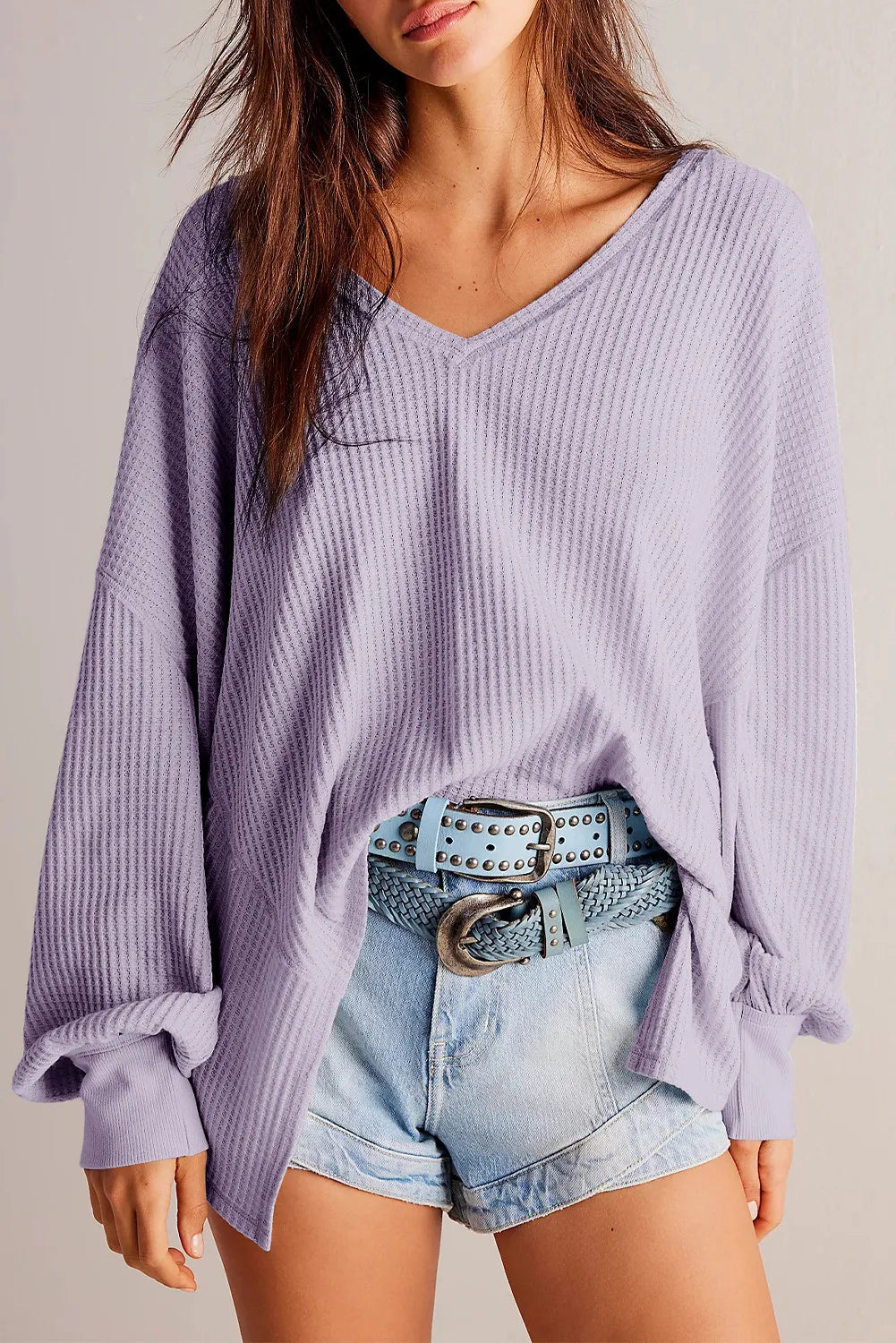 Waffle-Knit V-Neck Long Sleeve Top Shop One Place