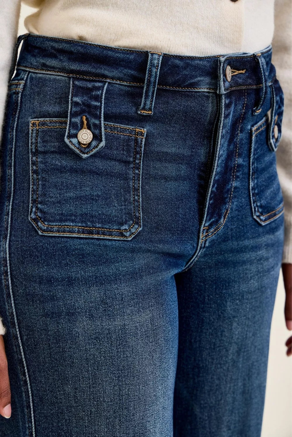 Judy Blue High Waist "lux" Retro Wide Jeans with Front Patch Tab Closure Dk Fade Indigo Shop One Place