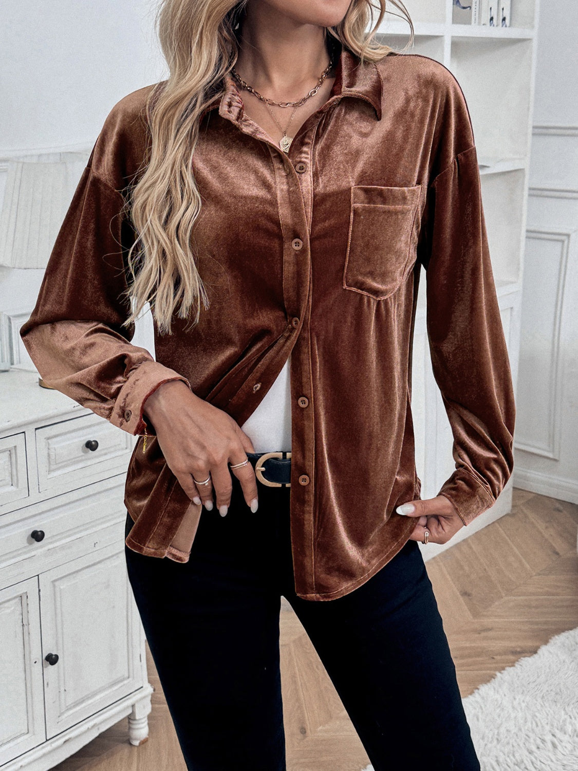 Perfee Button Up Long Sleeve Shirt Shop One Place