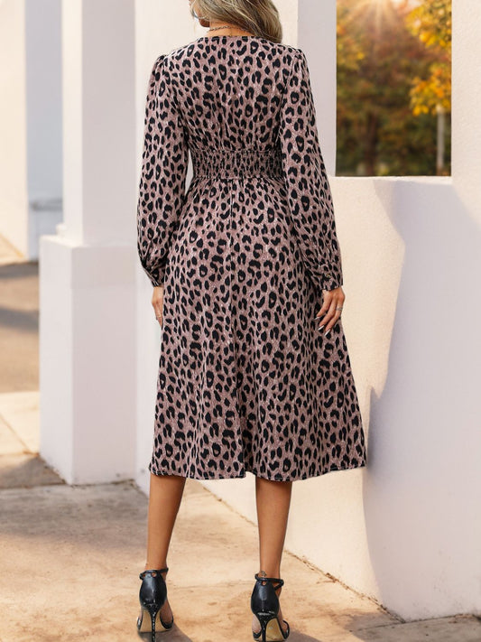 Perfee Leopard Surplice Long Sleeve Midi Dress Shop One Place