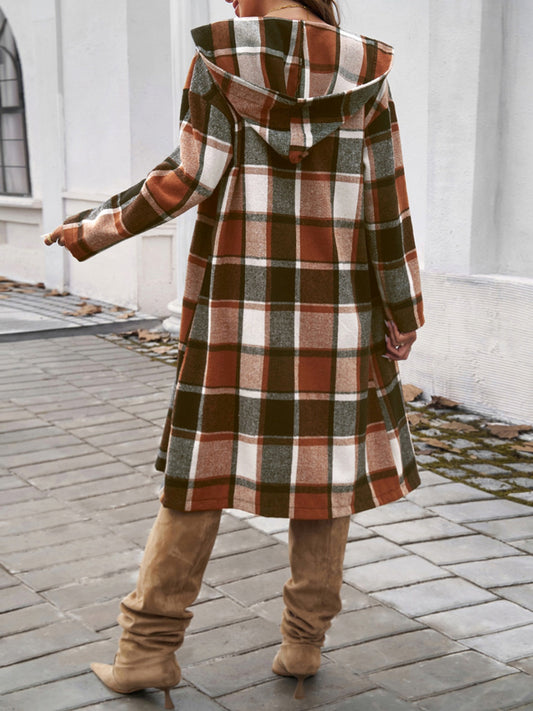 Devine Plaid Long Sleeve Hooded Coat Shop One Place