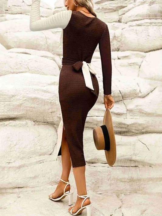 Two Tone Slit Round Neck Long Sleeve Midi Dress Shop One Place