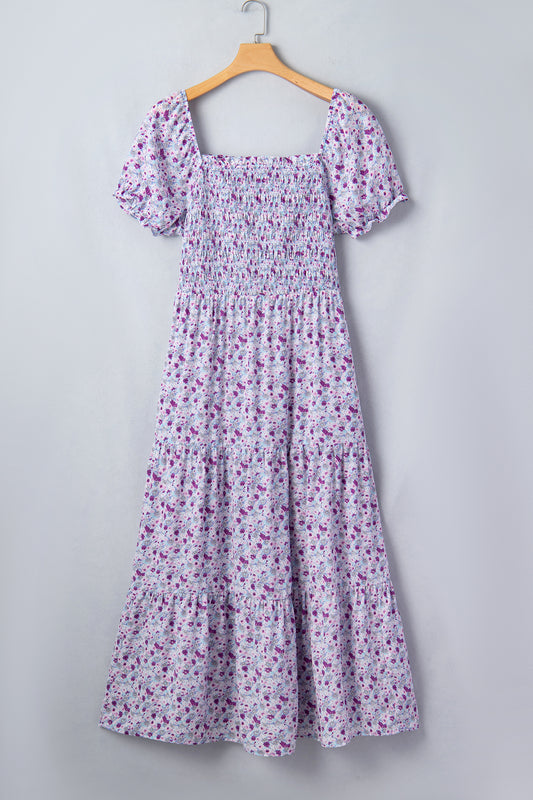Purple Plus Size Floral Print Square Neck Smocked Maxi Dress Shop One Place