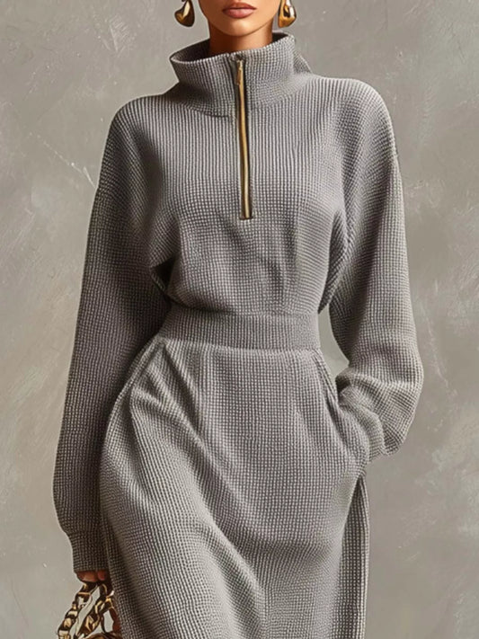 Waffle Knit Quarter-Zip Midi Dress Shop One Place