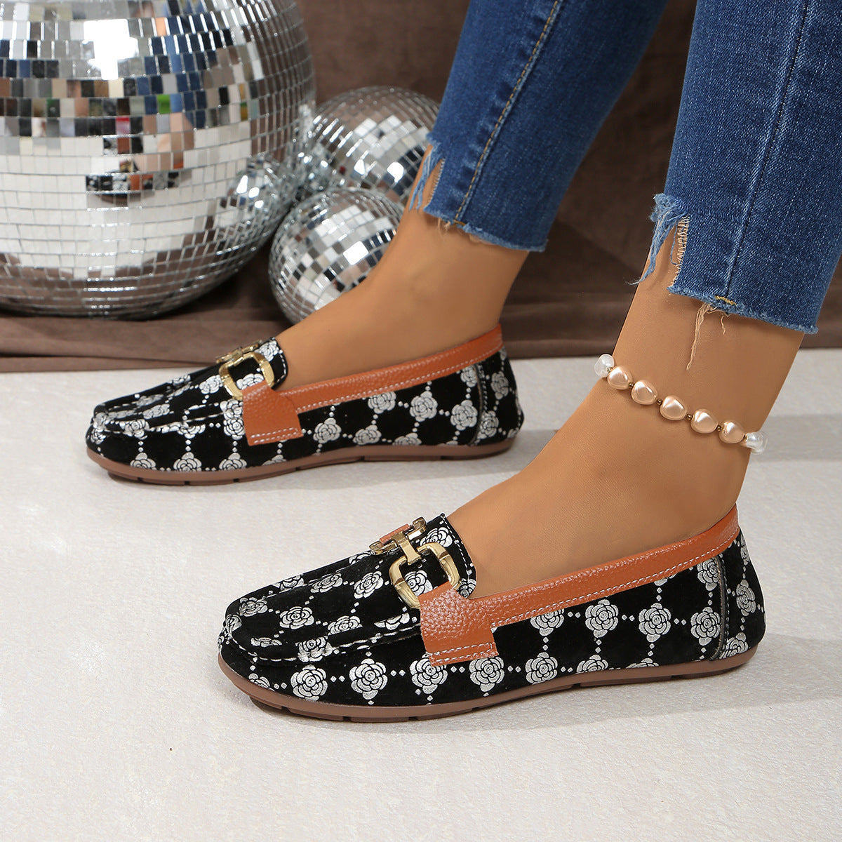 Floral PU Leather Flat Loafers Shop One Place