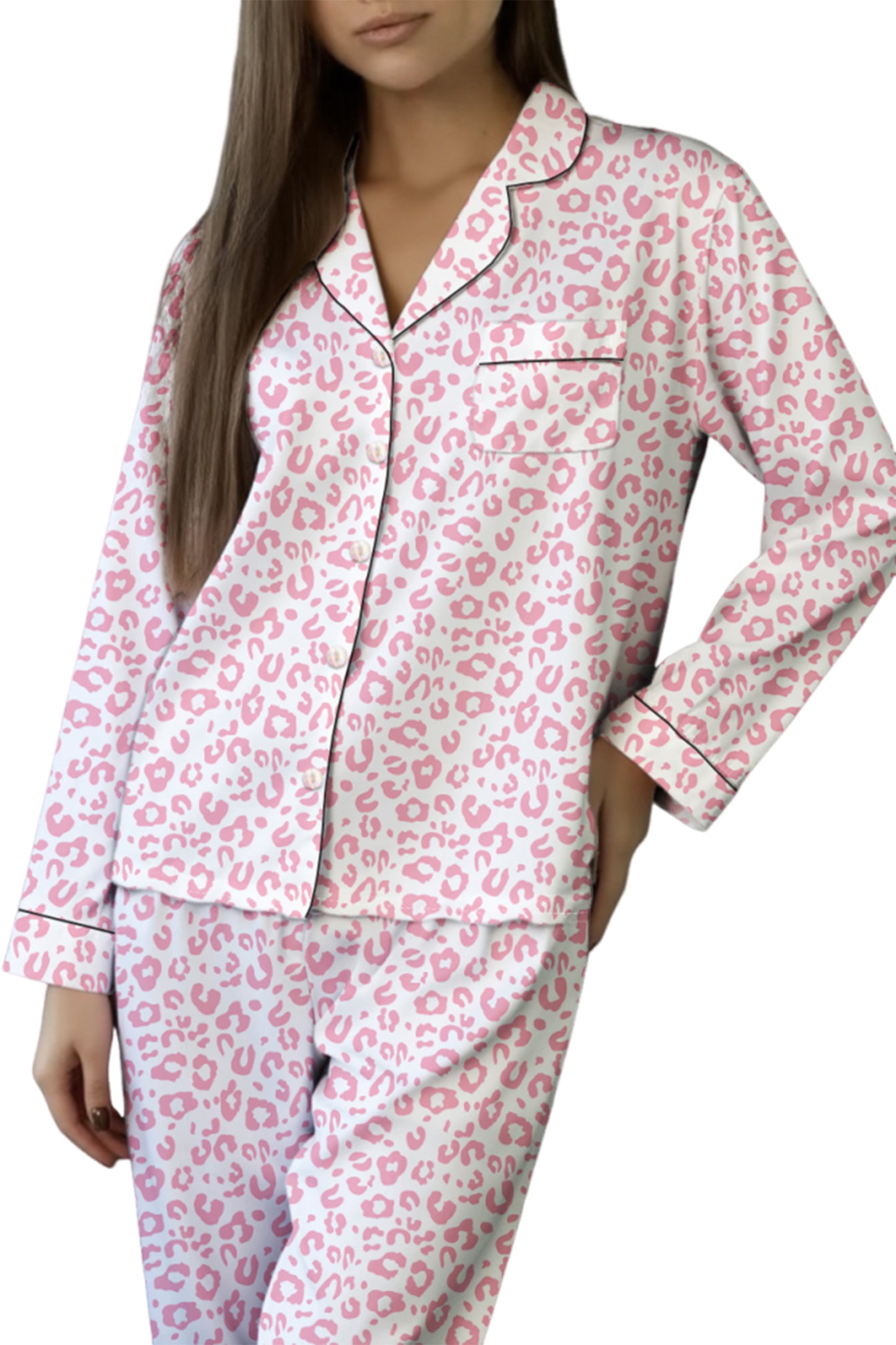 Pink Leopard Print Long Sleeve High Waist Pajama Set