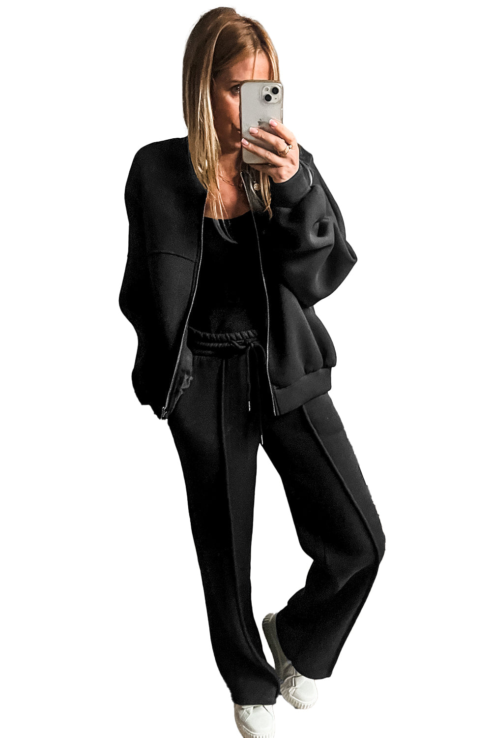 Apricot Seamed Zipper Jacket and Drawstring Waist Pants Set Shop One Place