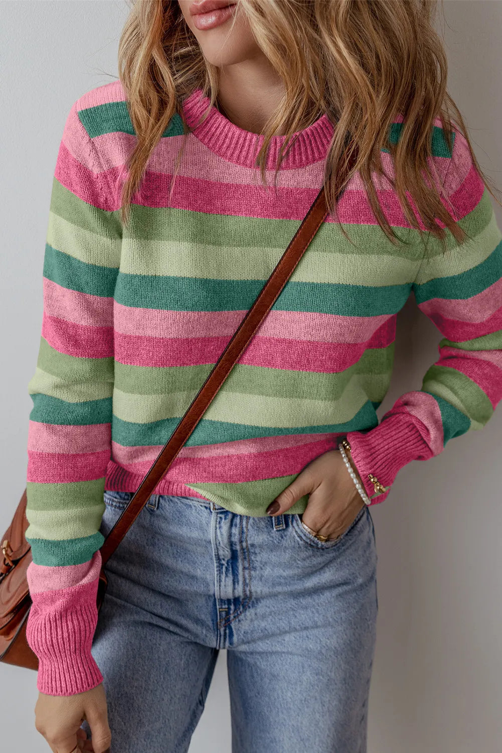 Striped Round Neck Long Sleeve Sweater Shop One Place