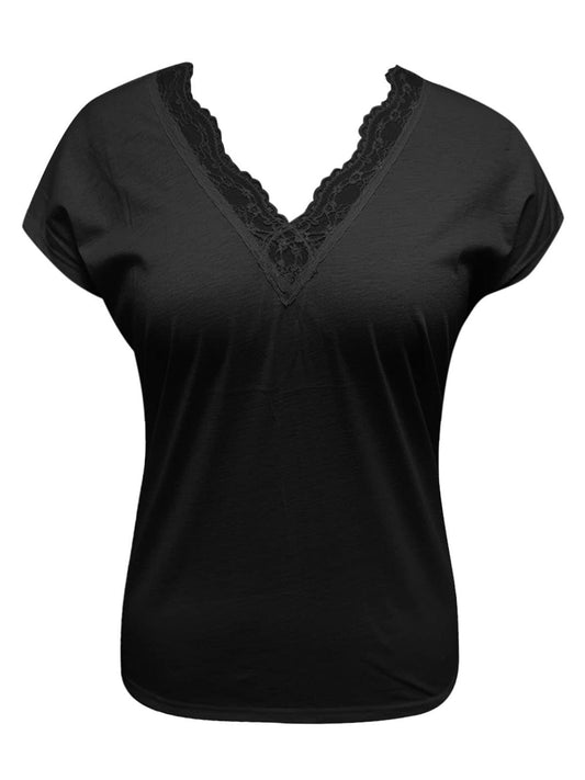 Full Size Lace Detail V-Neck Short Sleeve Blouse Shop One Place