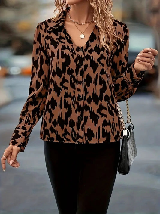 Printed Johnny Collar Long Sleeve Blouse Shop One Place