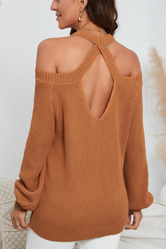 Cutout Back Cold Shoulder Long Sleeve Sweater Shop One Place