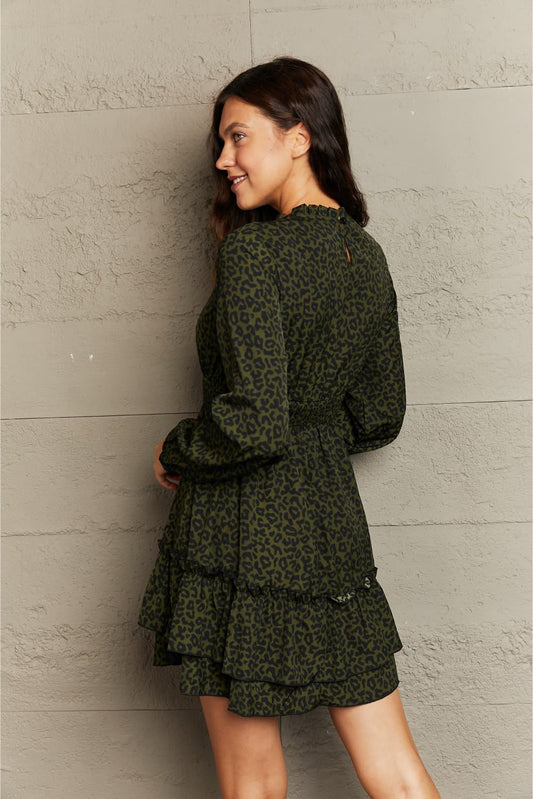 Honey Leopard Smock Waist Long Sleeve Dress Shop One Place