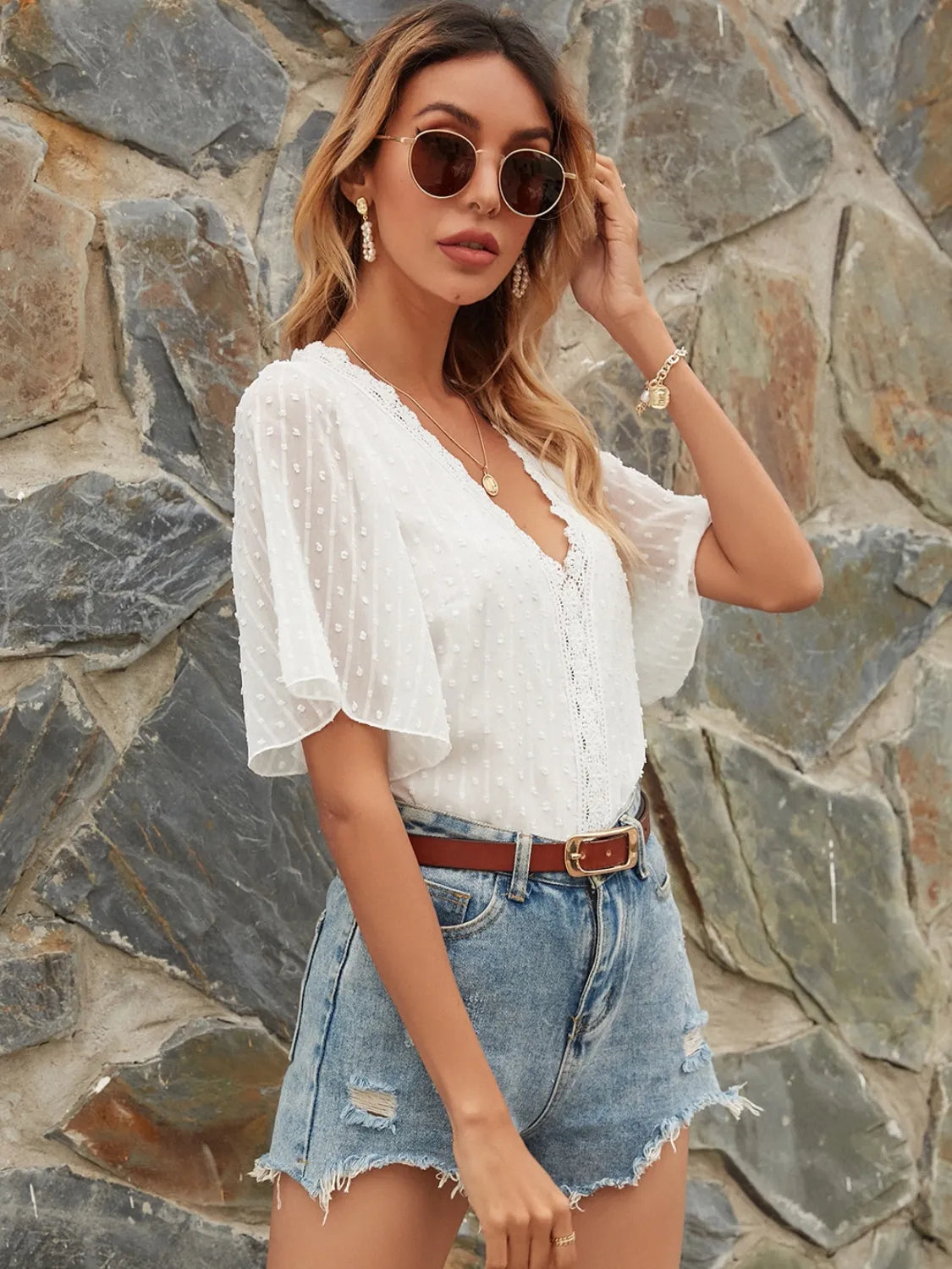 Lace Detail V-Neck Siwss Dot Blouse Shop One Place