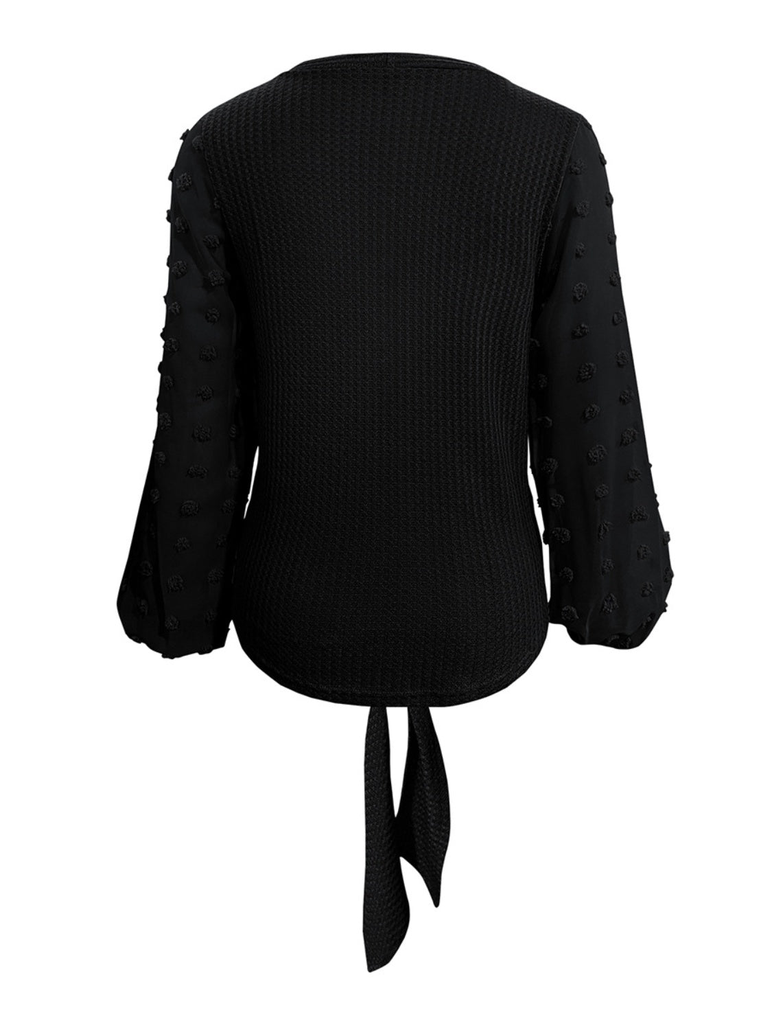 Tied Swiss Dot V-Neck Long Sleeve Blouse Shop One Place