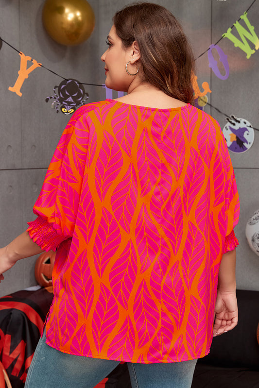 Rose Tropical Leaf Print Smocked Plus Size Dolman Top Shop One Place