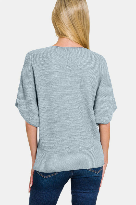 Zenana Blue Gray V-Neck Short Sleeve Dolman Sweater Shop One Place