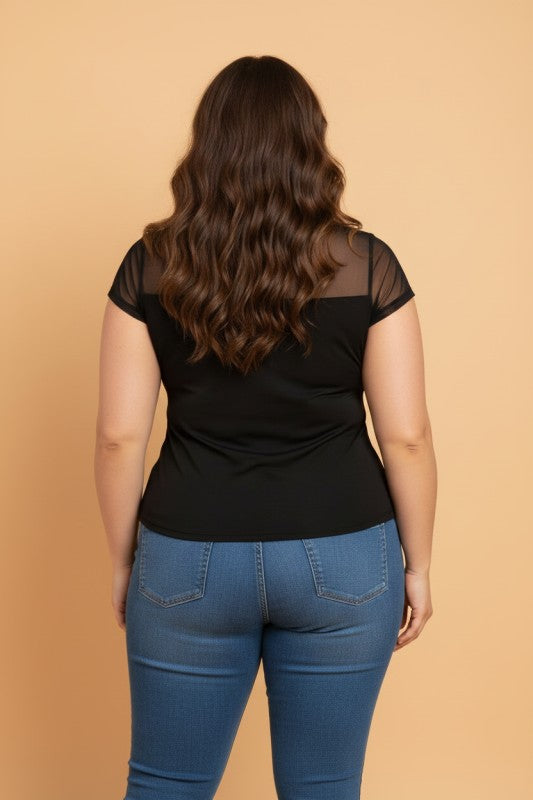 Plus Size Sheer Mesh Panel Short Sleeve Top Shop One Place