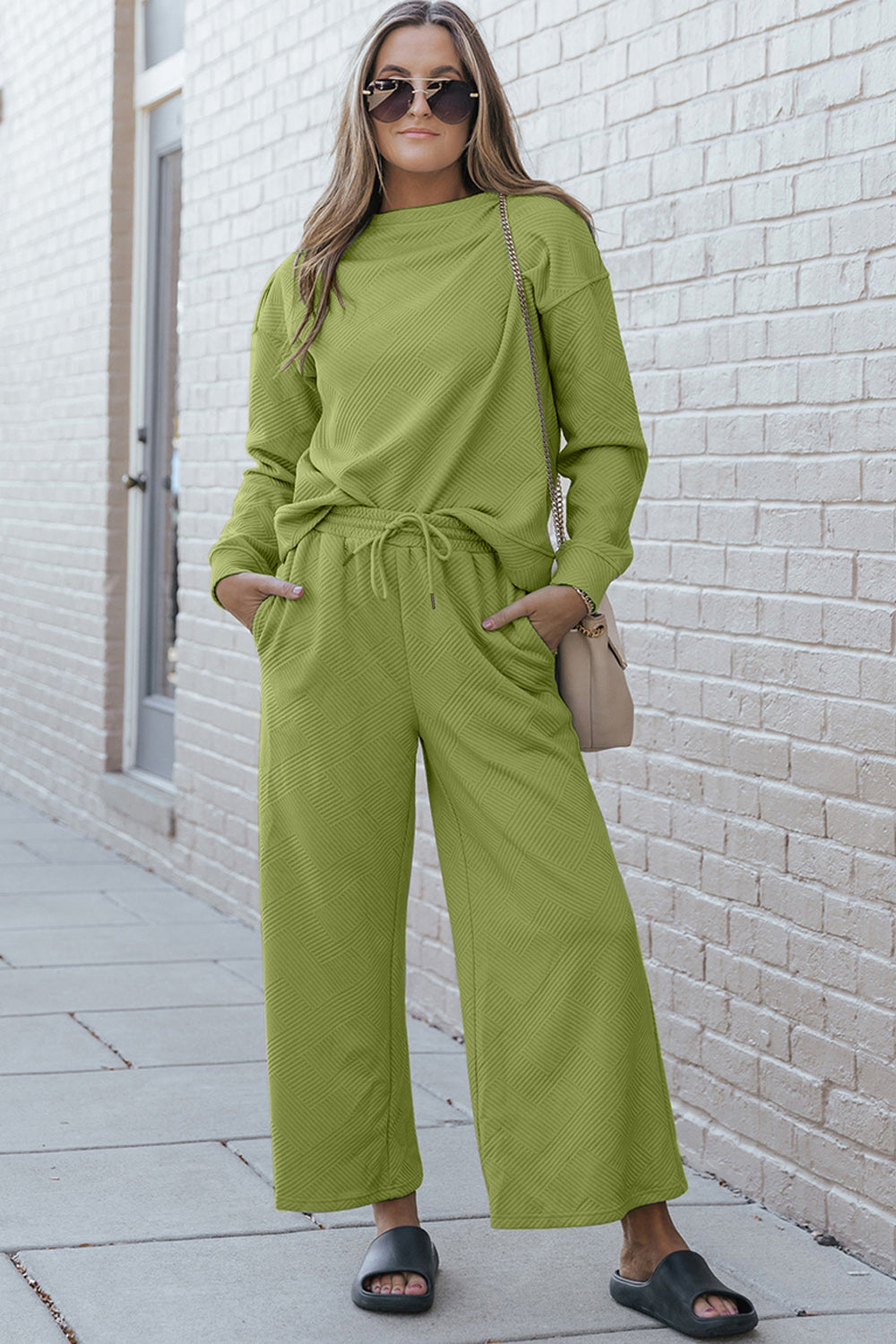 Double Take Full Size Textured Long Sleeve Top and Drawstring Pants Set Shop One Place