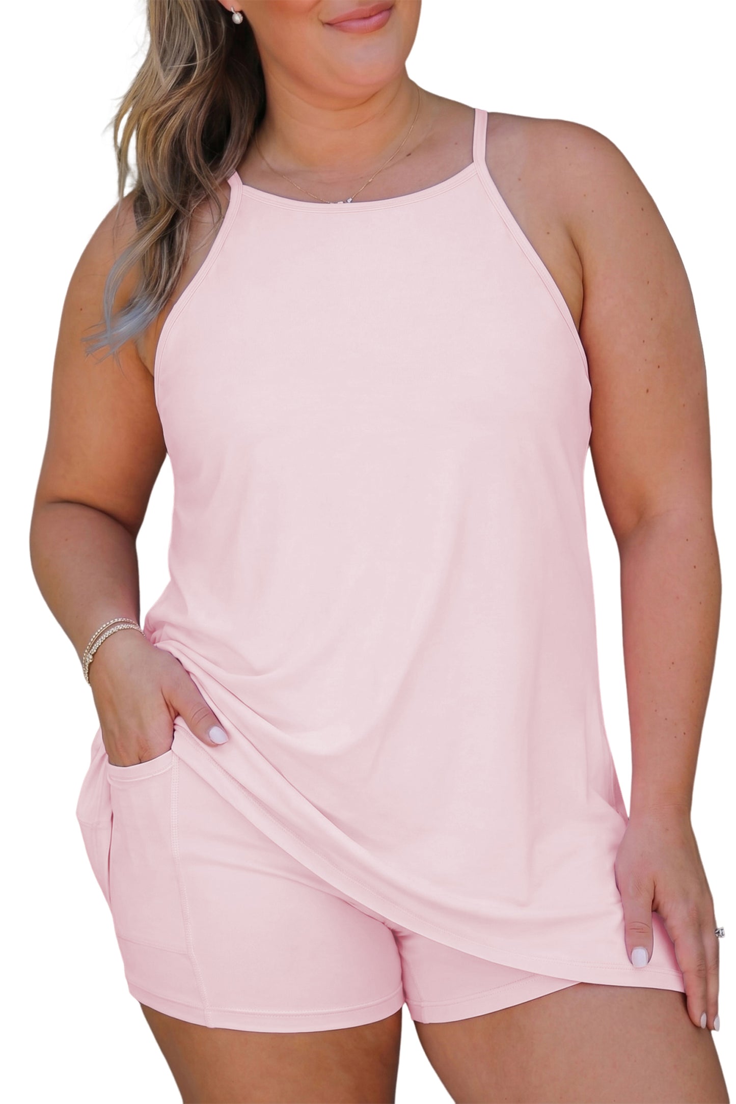 Pink Plus Size Build-in Shorts Sleeveless Dress With Short Two Piece Set Shop One Place
