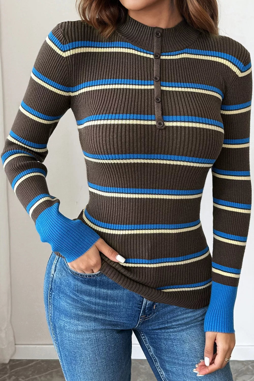Ribbed Knit Contrast Cuff Henley Button Sweater Shop One Place