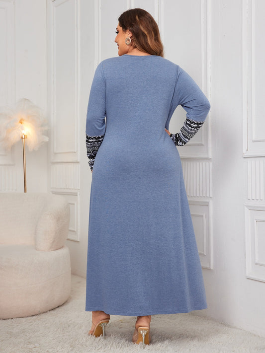 Plus Size Printed Round Neck Long Sleeve Dress Shop One Place
