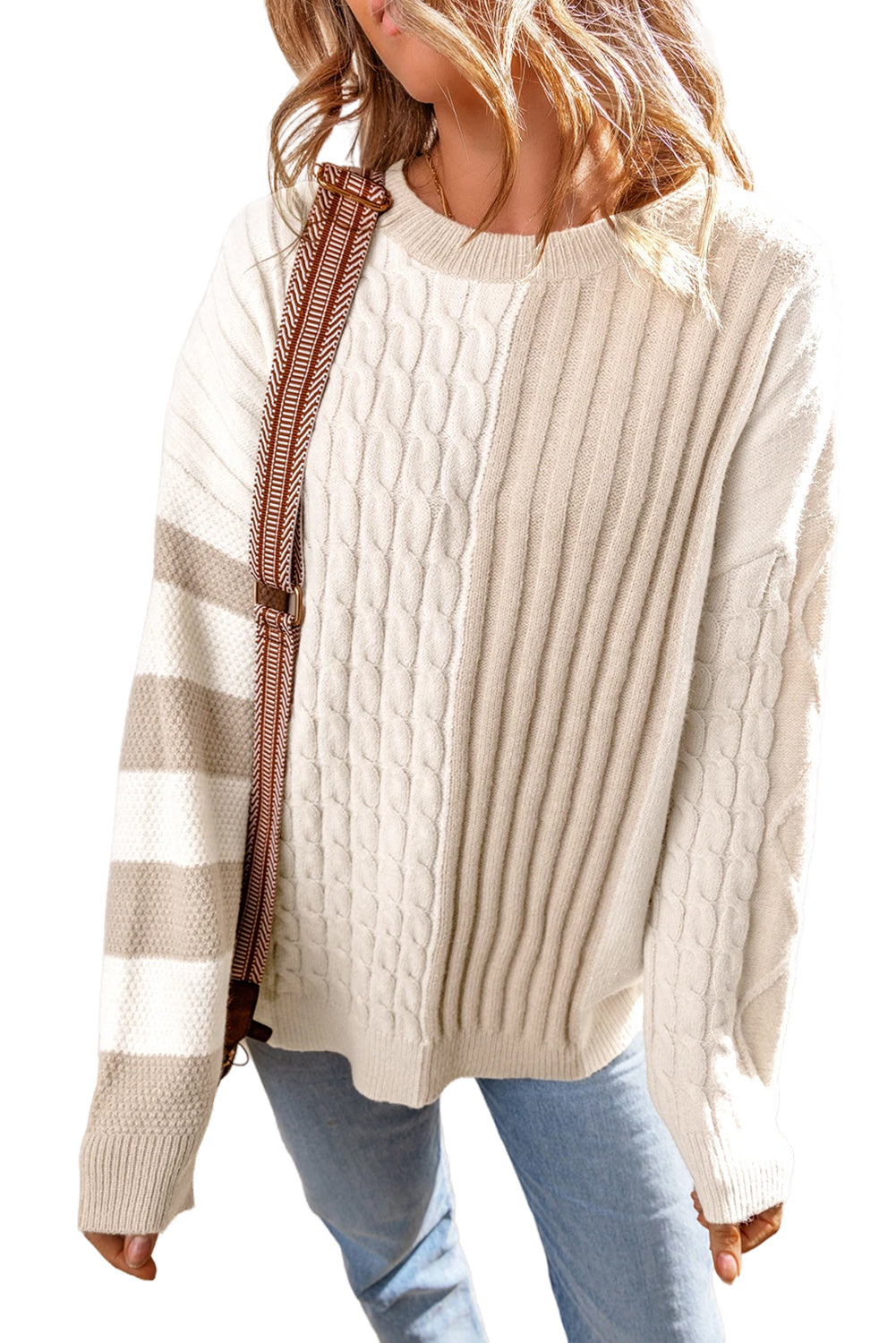 Khaki Cable Knit Colorblock Crew Neck Drop Shoulder Sweater Shop One Place