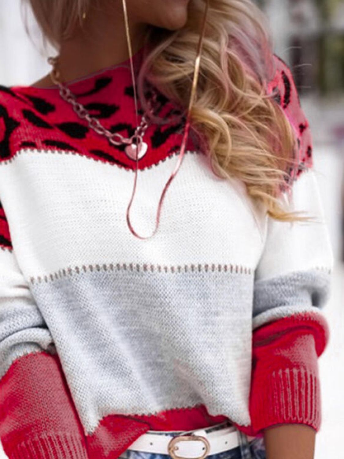 Leopard Color Block Round Neck Long Sleeve Sweater Shop One Place