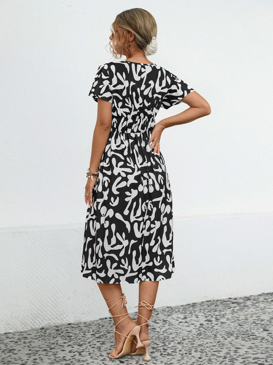 Printed V-Neck Short Sleeve Dress Shop One Place