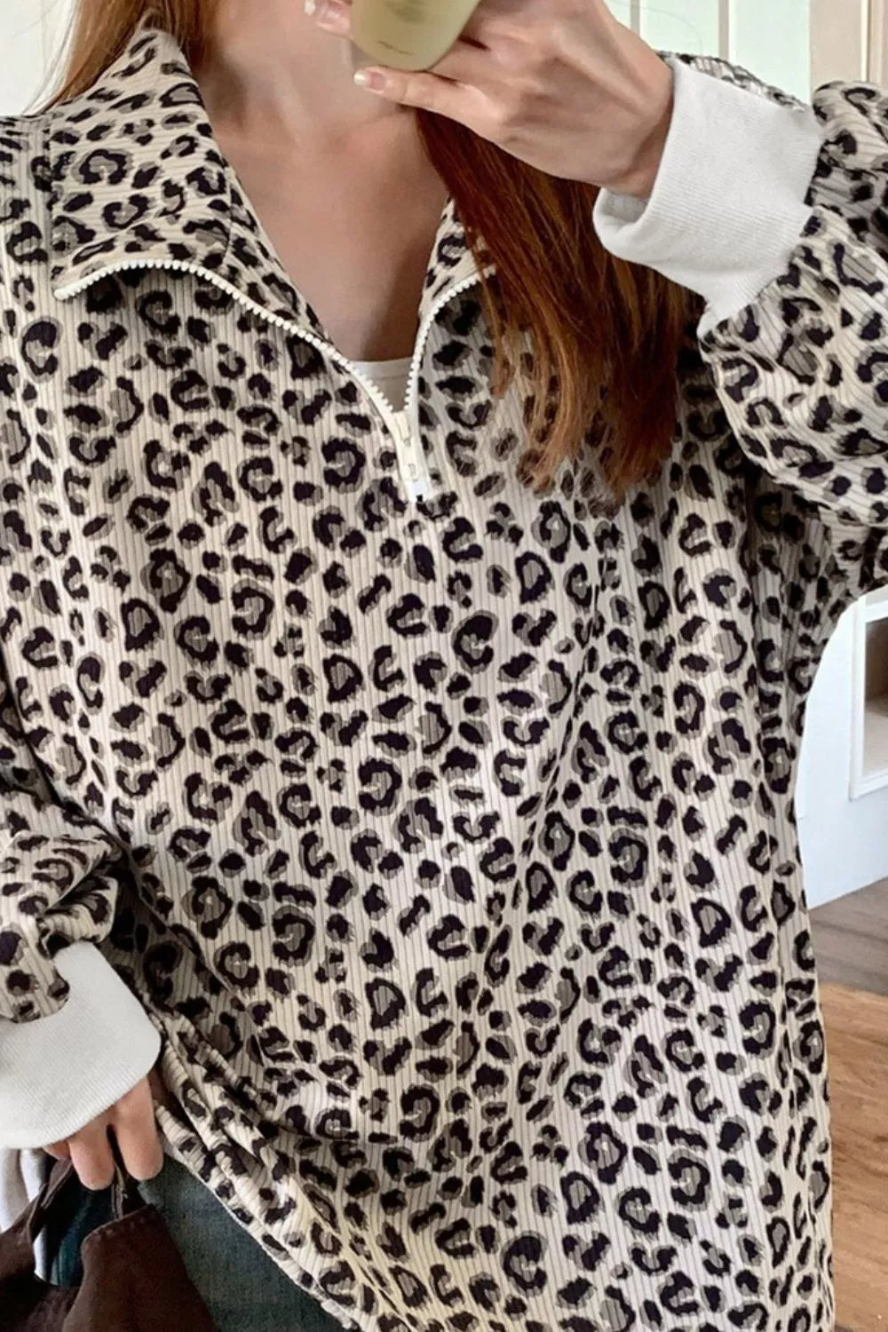 Leopard Print Quarter-Zip Sweatshirt Shop One Place