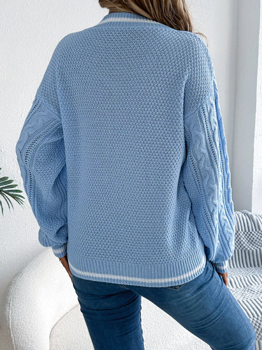 Cable Knit V-Neck Long Sleeve Sweater Shop One Place