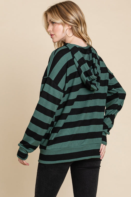 BOMBOM Drawstring Striped Dropped Shoulder Hoodie Shop One Place