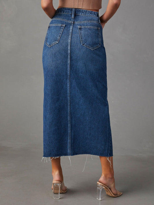 Slit Raw Hem Midi Denim Skirt Shop One Place