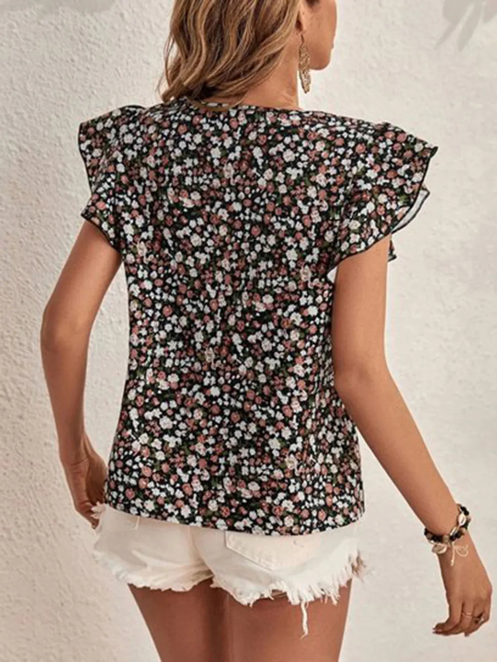 Ditsy Floral Round Neck Cap Sleeve Top Shop One Place