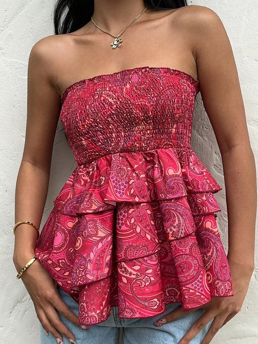 Smocked Layered Paisley Print Tube Top Shop One Place