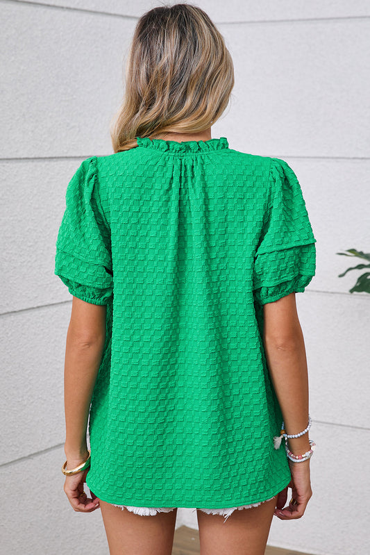 Bright Green Textured Puff Short Sleeve Notched V Neck Top Shop One Place